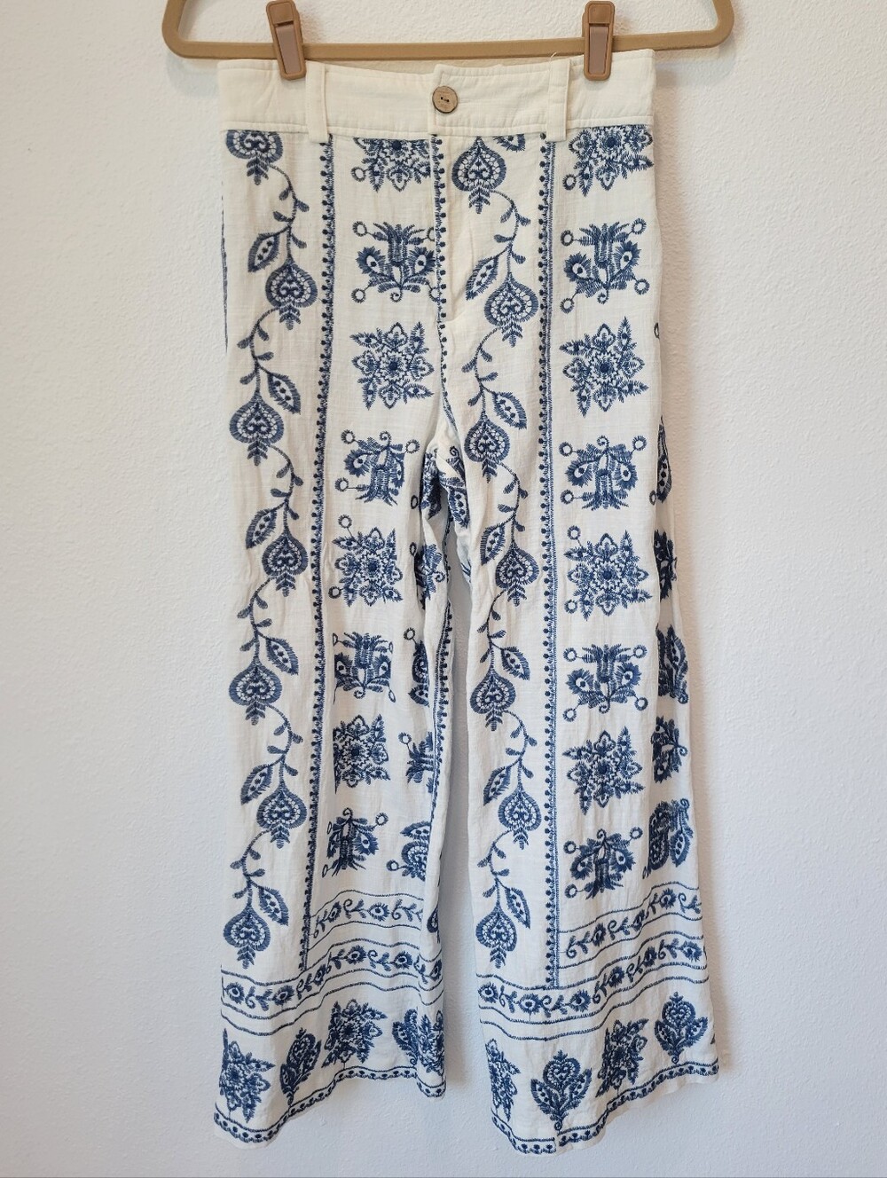 Joie Womens 4 White Linen Blend Embroidered Pants Blue Floral Coastal Boho